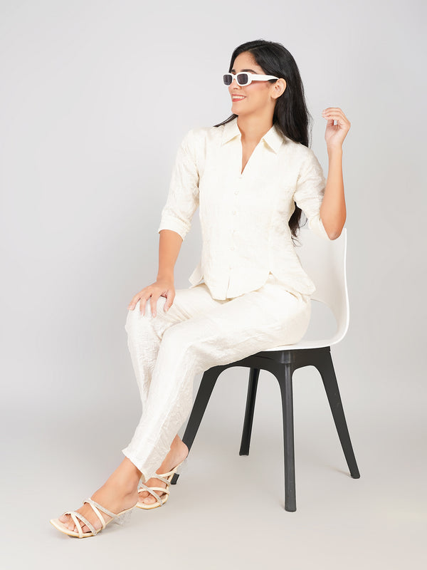 Elegant Textured Top & Pant Co-ord Set for Women (Ivory -Off-White)