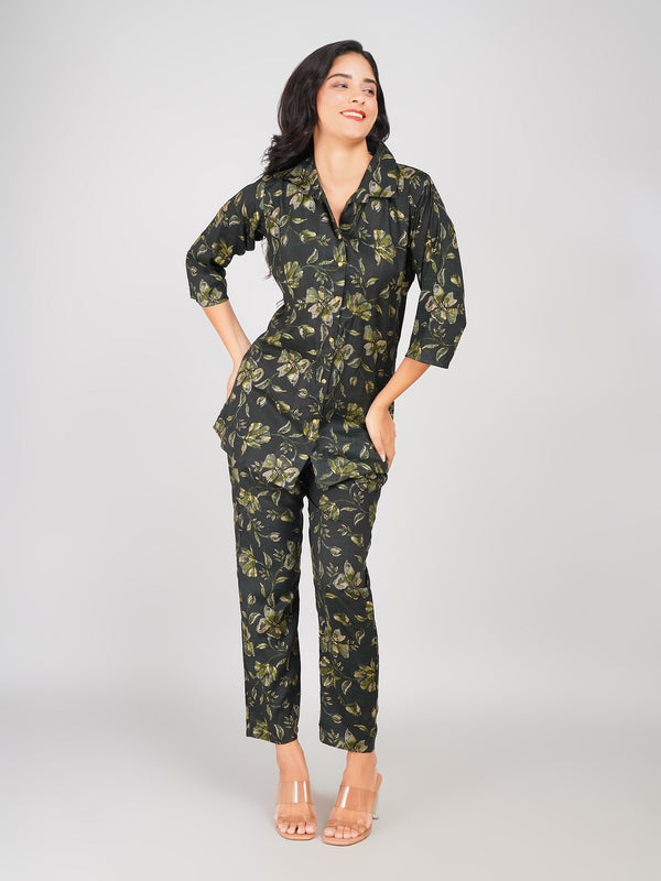 Floral Printed Top & Pant Co-ord Set for Women (Olive Green)