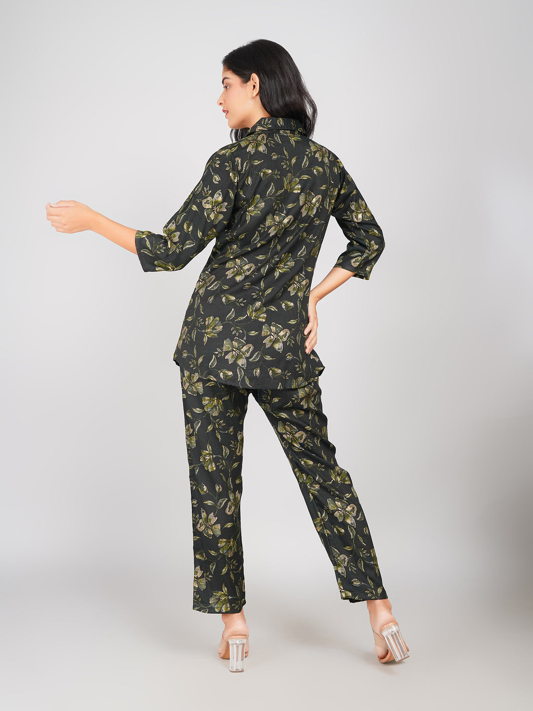 Floral Printed Top & Pant Co-ord Set for Women (Olive Green)