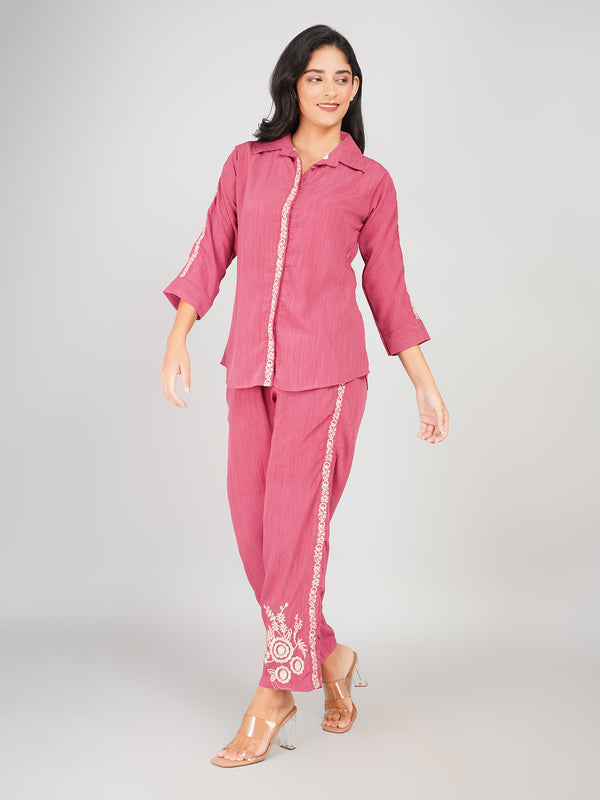 Brown Embroidered Cotton Co-ord Set for Women