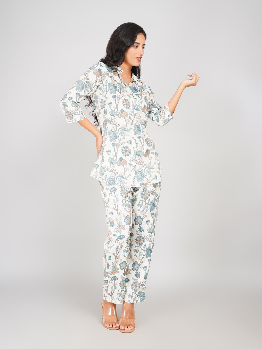 Floral Printed Top & Pant Co-ord Set for Women (Ivory Multi)