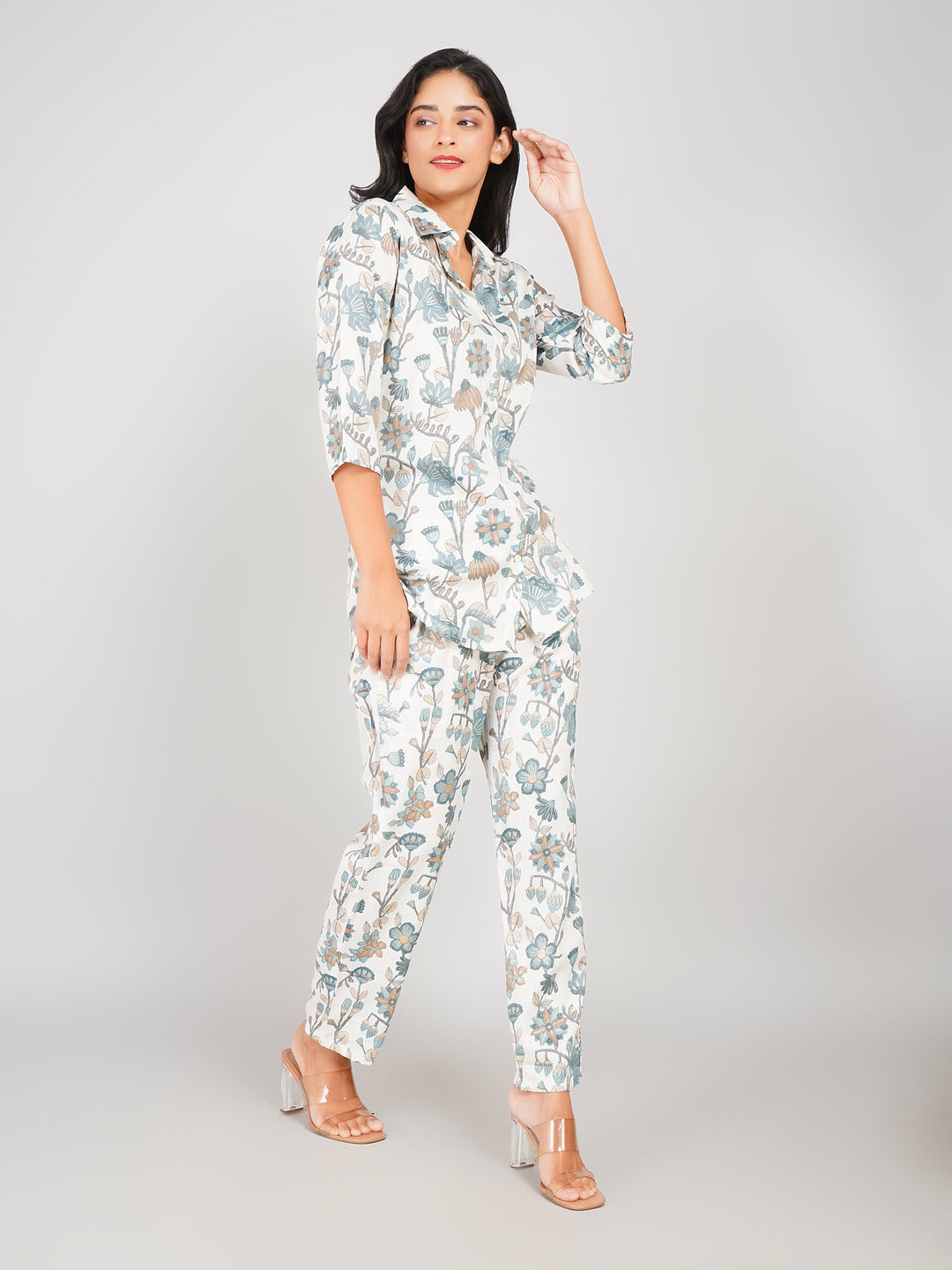 Floral Printed Top & Pant Co-ord Set for Women (Ivory Multi)
