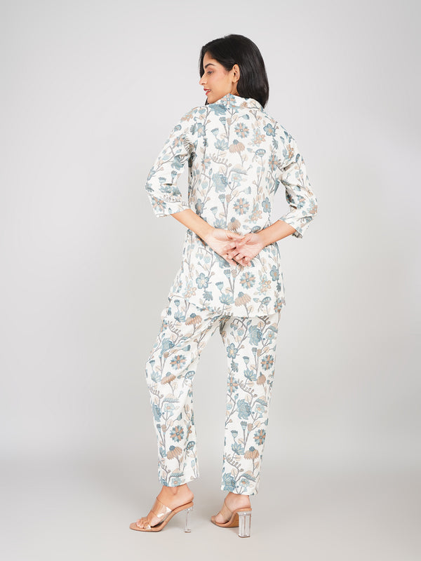 Floral Printed Top & Pant Co-ord Set for Women (Ivory Multi)
