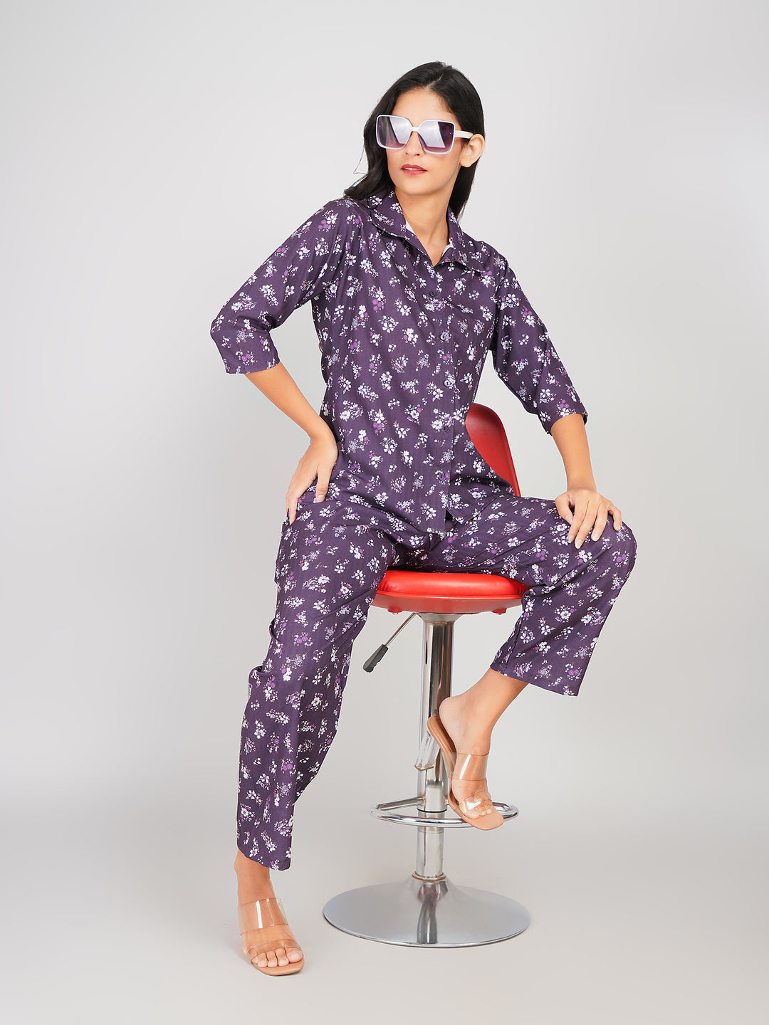 Floral Printed Top & Pant Co-ord Set for Women (Deep Purple)