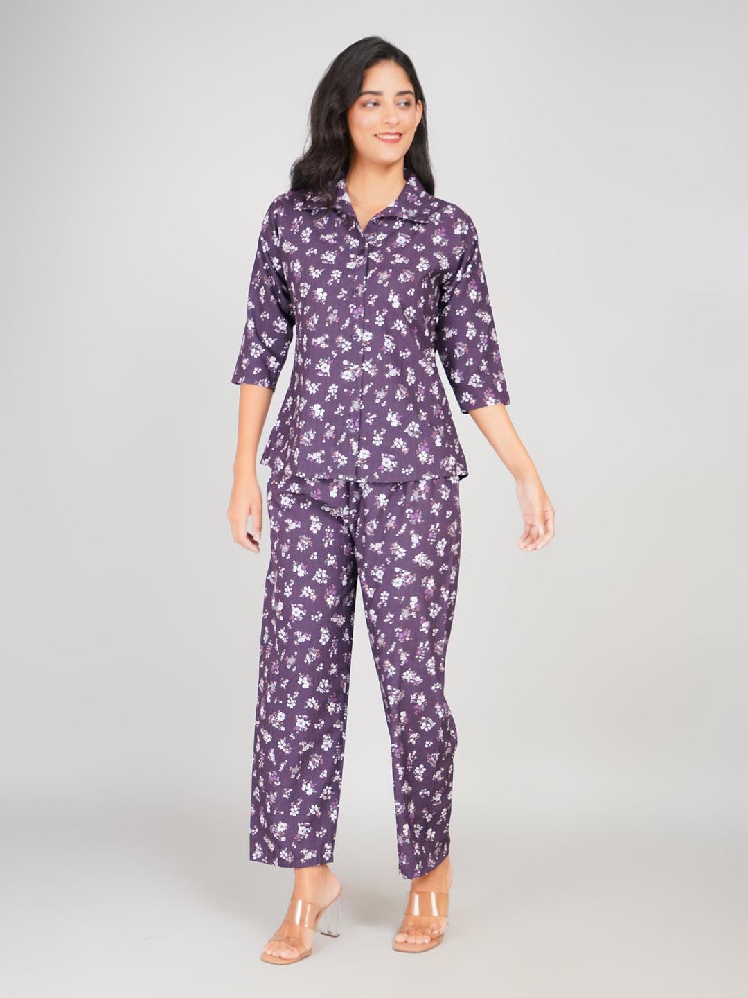 Floral Printed Top & Pant Co-ord Set for Women (Deep Purple)