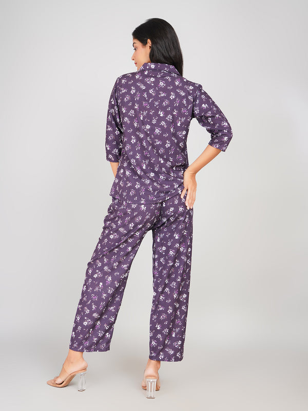 Floral Printed Top & Pant Co-ord Set for Women (Deep Purple)