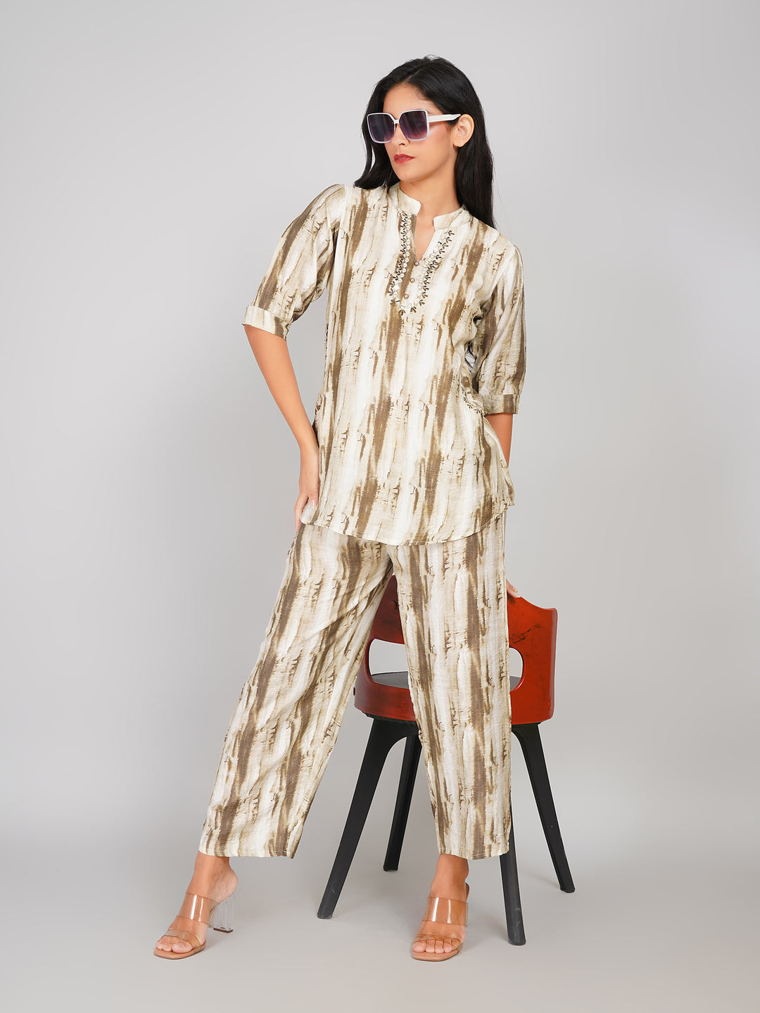 Abstract Brush-Stroke Co-ord Set for Women (Beige & Olive)