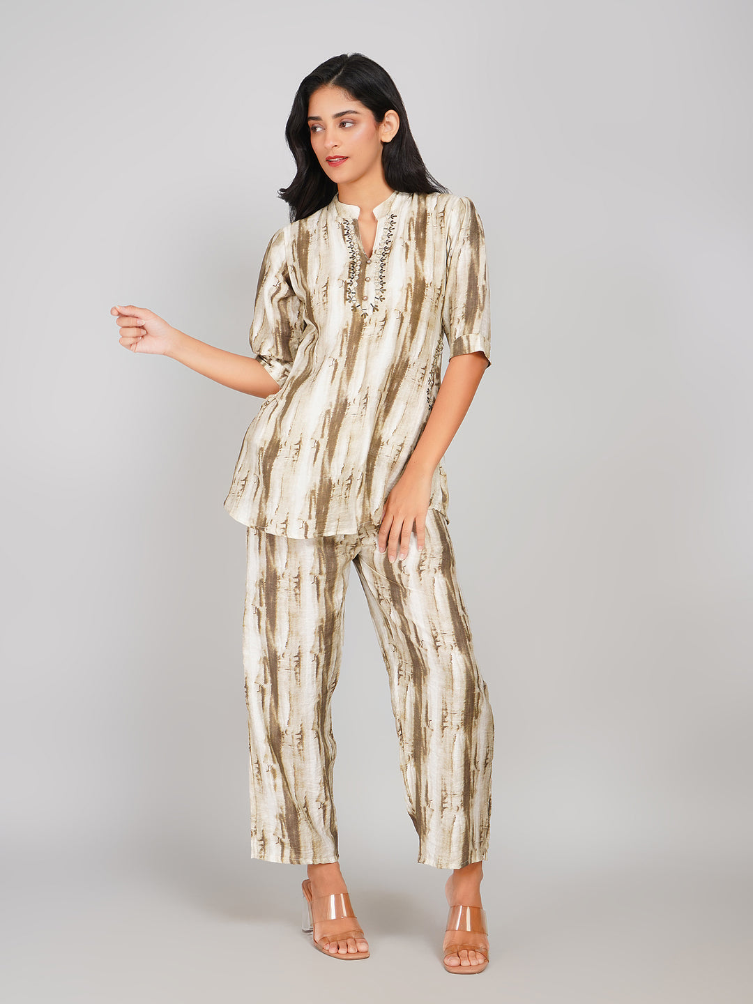 Abstract Brush-Stroke Co-ord Set for Women (Beige & Olive)