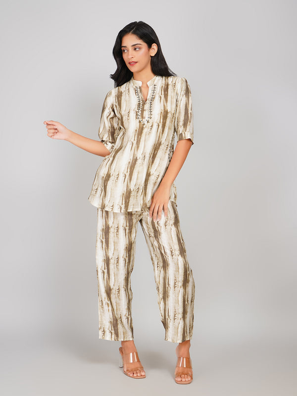 Abstract Brush-Stroke Co-ord Set for Women (Beige & Olive)