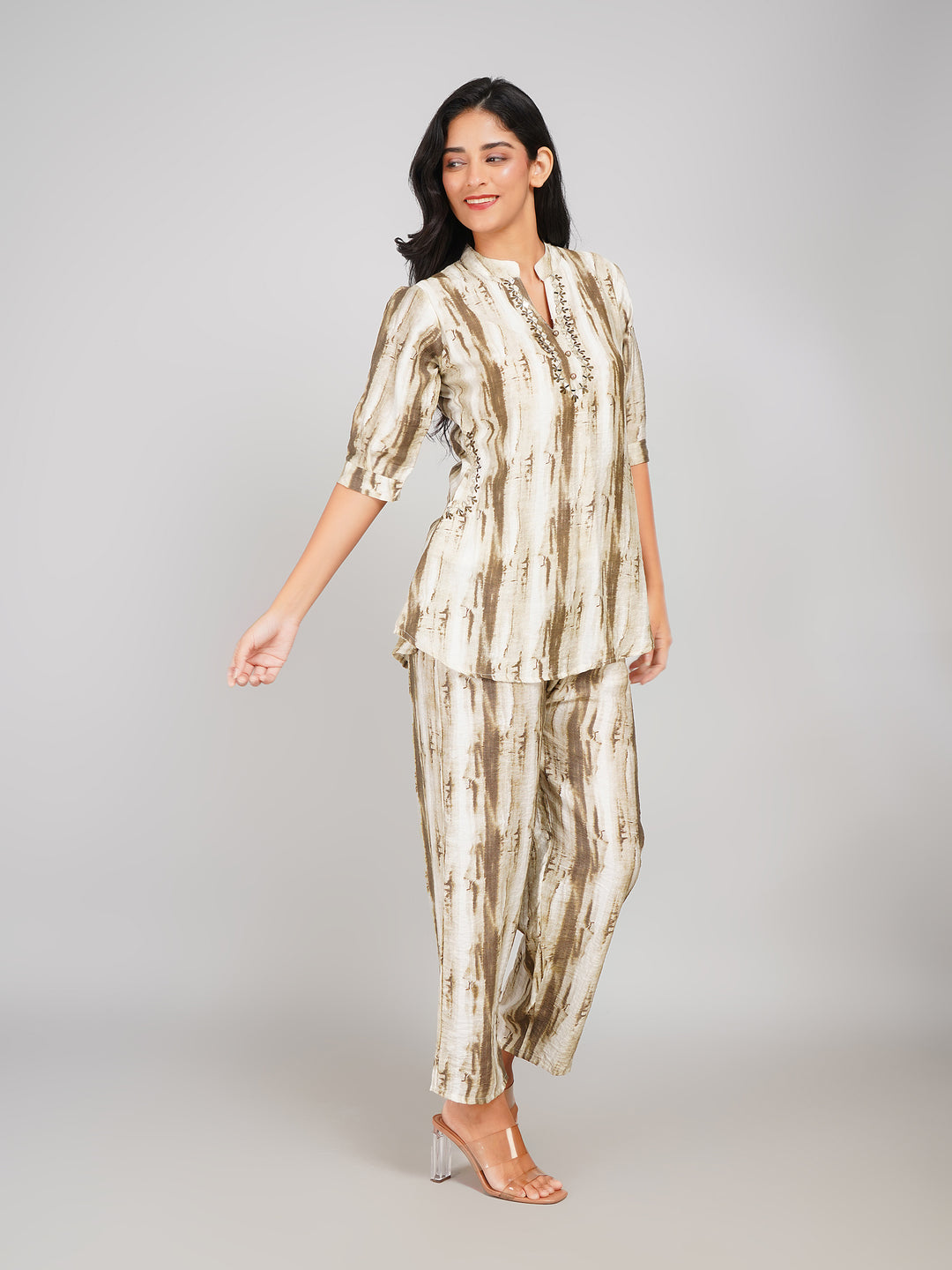 Abstract Brush-Stroke Co-ord Set for Women (Beige & Olive)