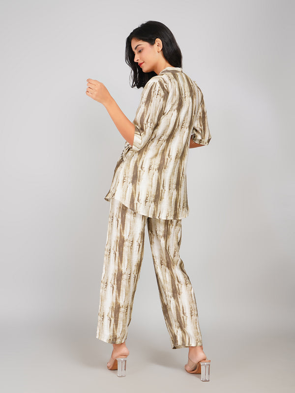 Abstract Brush-Stroke Co-ord Set for Women (Beige & Olive)