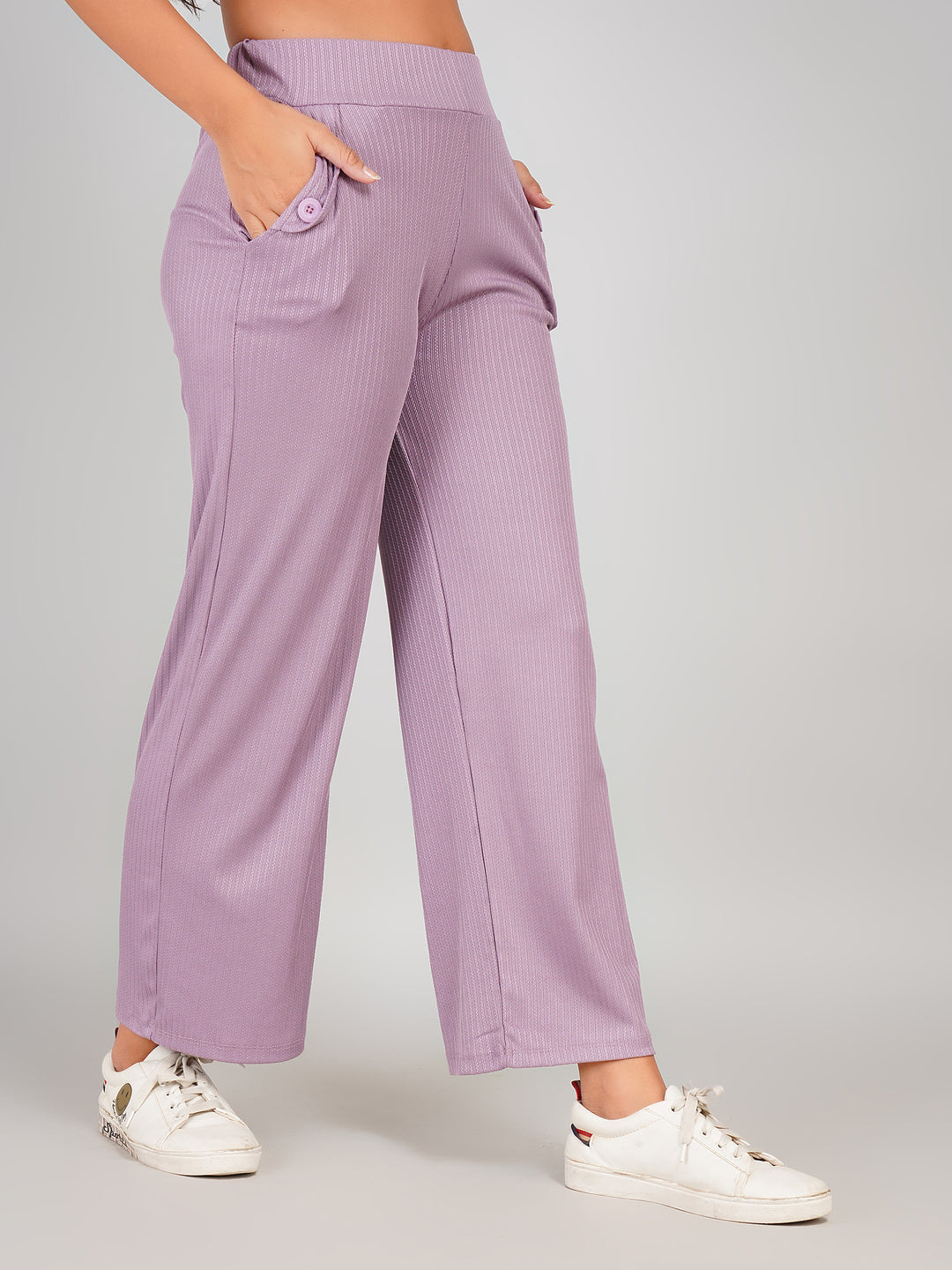 Casual Ribbed Wide-Leg Trouser Pants (Lilac Purple)
