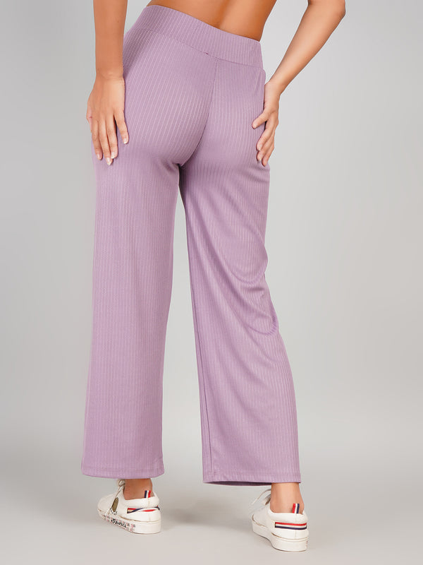 Casual Ribbed Wide-Leg Trouser Pants (Lilac Purple)