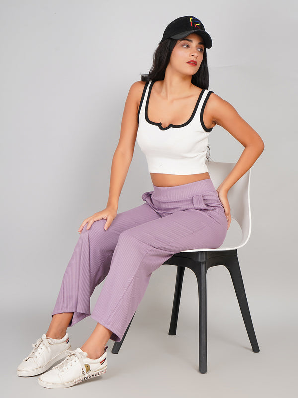 Casual Ribbed Wide-Leg Trouser Pants (Lilac Purple)
