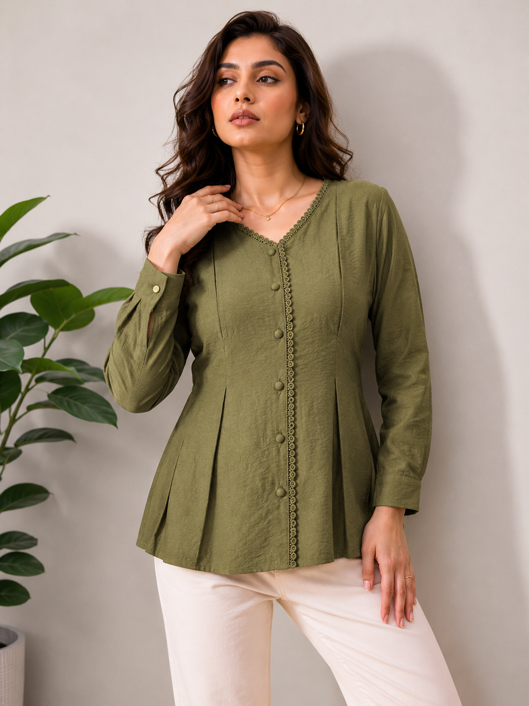 Shop Olive Green Lace Trim V Neck Top -PRAVtown