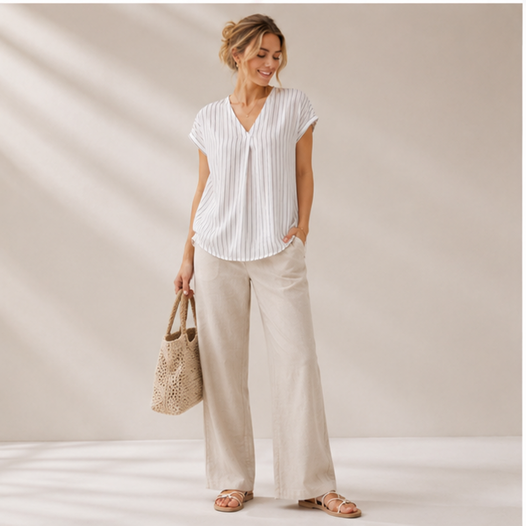 Short Sleeve V-Neck Striped Tunic Top at PRAVtown