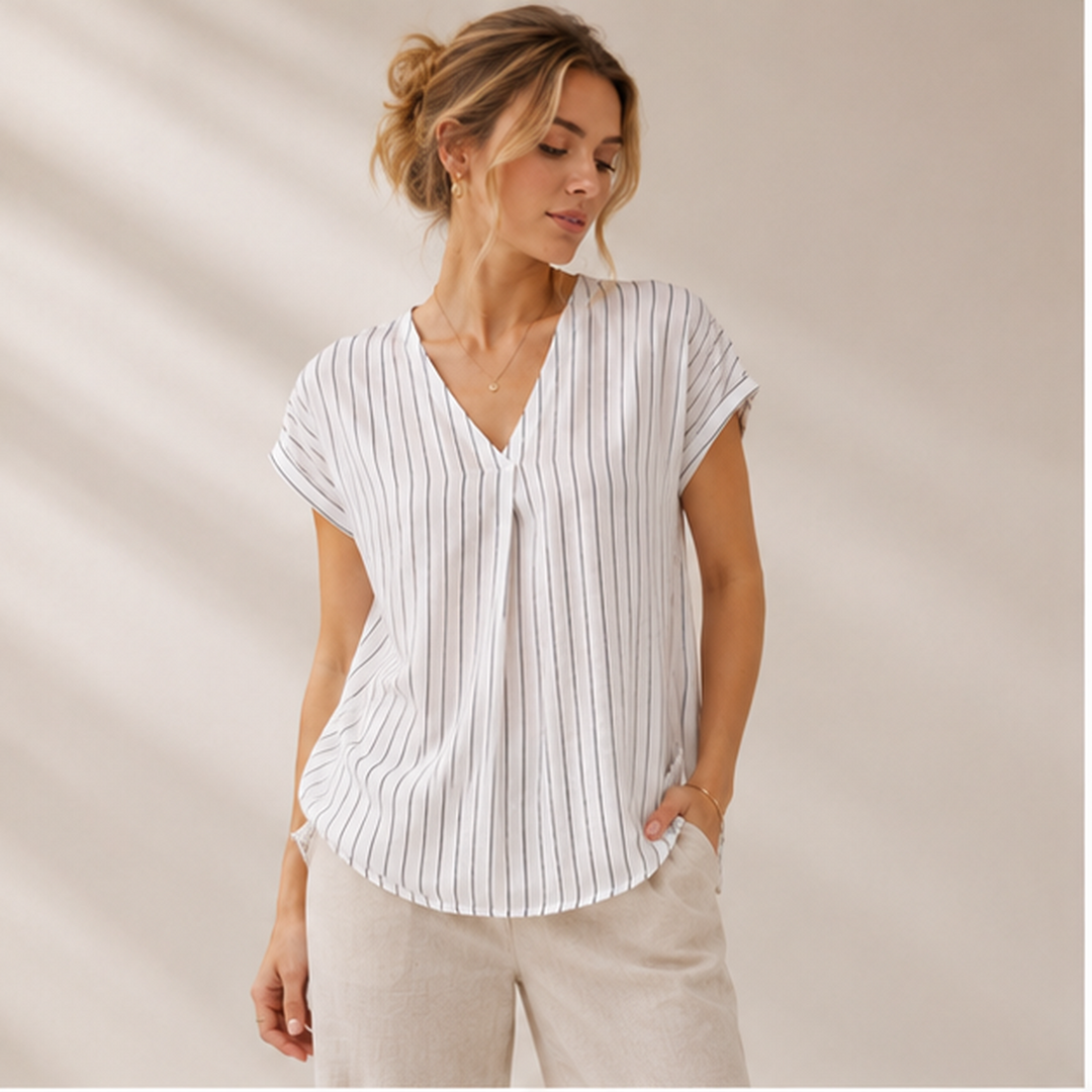 Short sleeve V-neck top with stripe detailing - PRAVtown