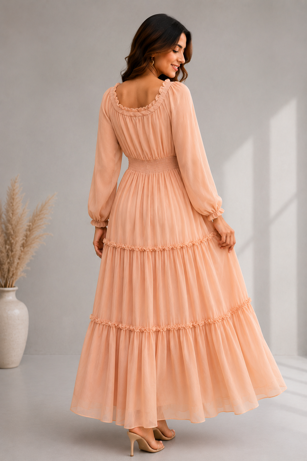 Stylish Peach Party Wear Maxi Dress