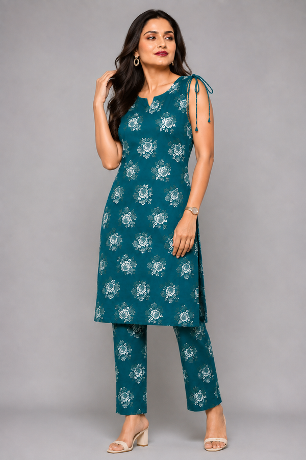 Teal blue floral printed co-ord set with shoulder dori - PRAVtown
