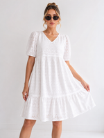 Load image into Gallery viewer, V-Neck White Eyelet Embroidered Midi Dress Puff Sleeve at PRAVtown
