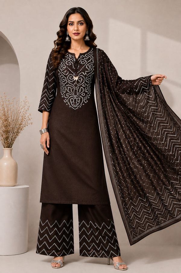 Viral Bandhej Printed 3 Piece Kurta Palazzo Set with Dupatta - PRAVtown