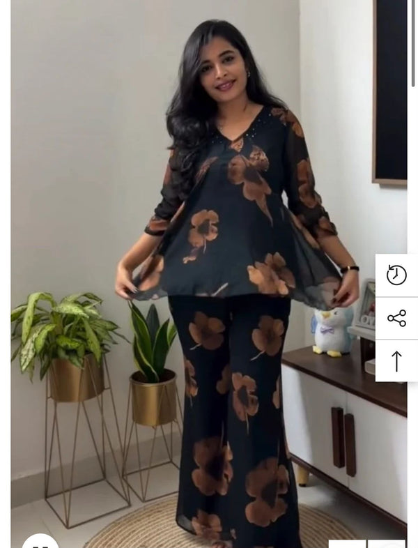 Black Floral Co-Ord Set Georgette with Sheer Sleeves