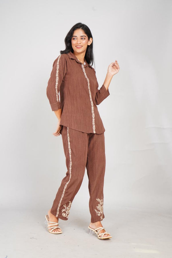Brown Embroidered Cotton Co-ord Set for Women