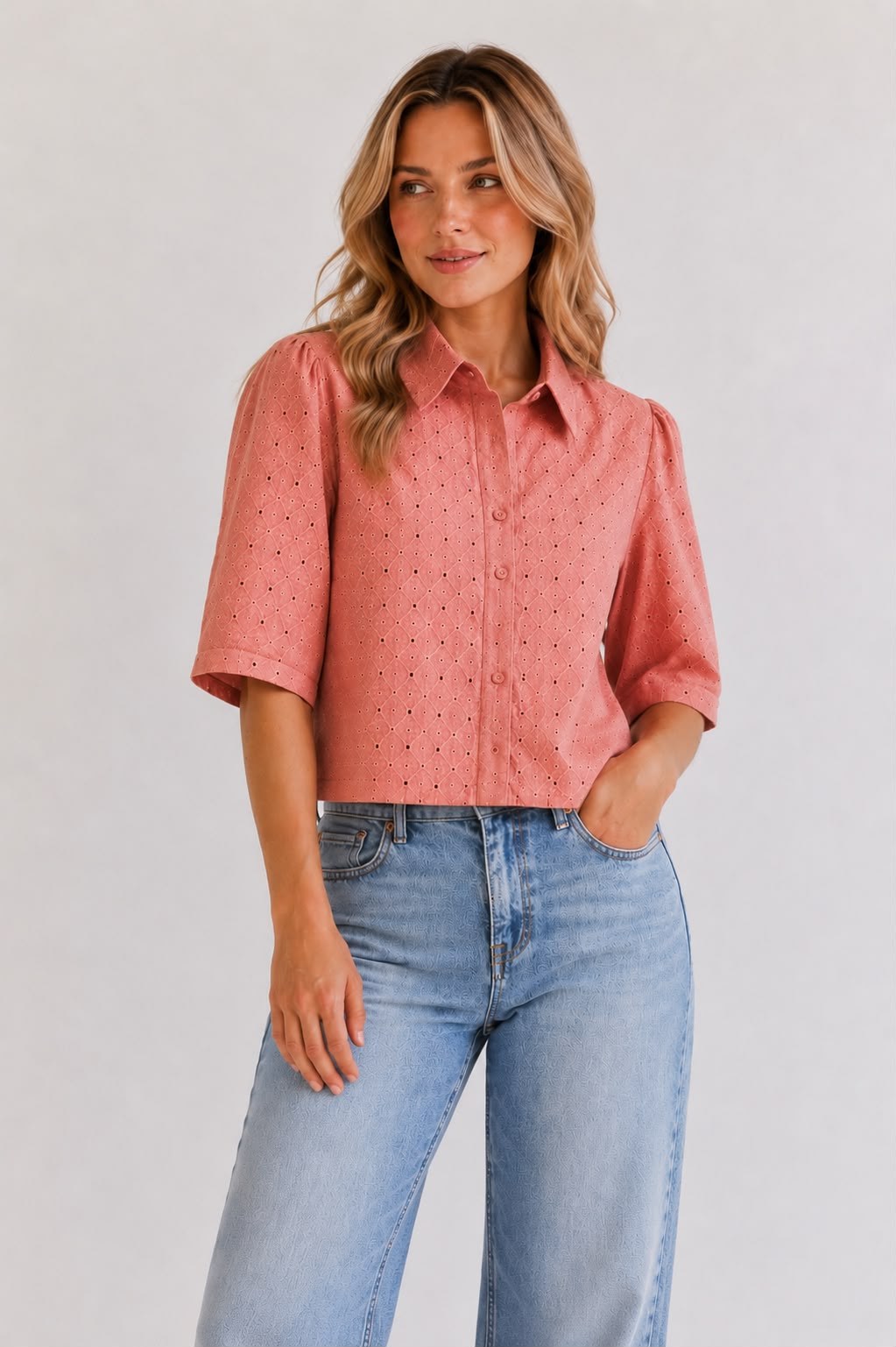 Collared Crop Shirt Top Eyelet Embroidered