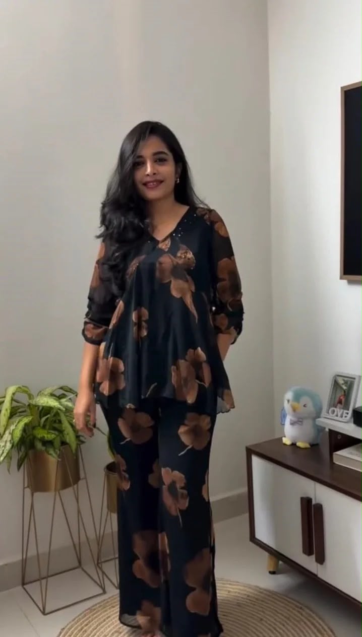 Black Floral Co-Ord Set Georgette with Sheer Sleeves