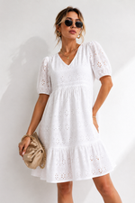 Load image into Gallery viewer, White Cotton Eyelet Embroidered V-Neck Midi Dress for Women - PRAVtown
