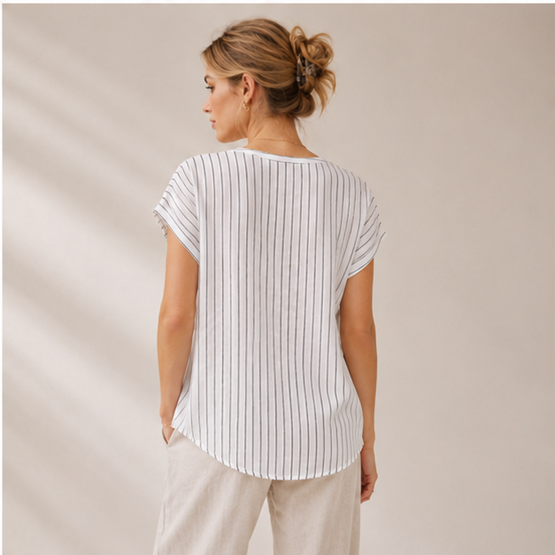 White V-Neck Striped Tunic Top - PRAVtown