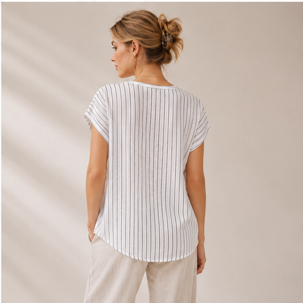 White V-Neck Striped Tunic Top - PRAVtown