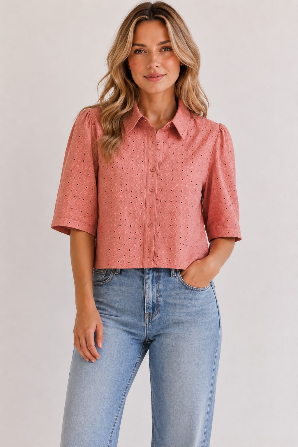 Women’s Crop Shirt with Collared Neck and Eyelet Embroidery - PRAVtown