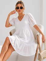 Load image into Gallery viewer, Women's White Eyelet Embroidered Puff Sleeve Midi Dress - PRAVtown
