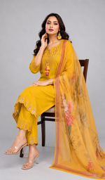 Load image into Gallery viewer, Yellow embroidered 3-piece ethnic suit with digital print dupatta - PRAVtown

