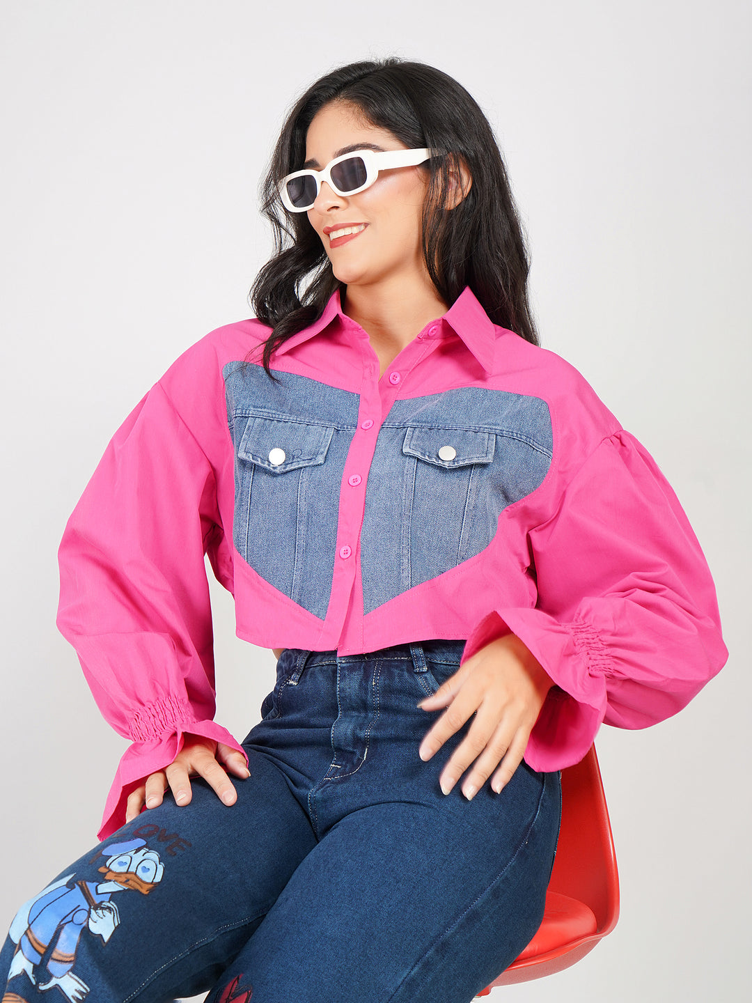 blue denim crop shirt with heart panel patches and puff sleeves