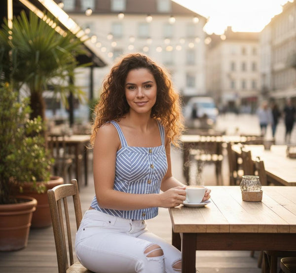 blue printed sleeveless blouse top for women