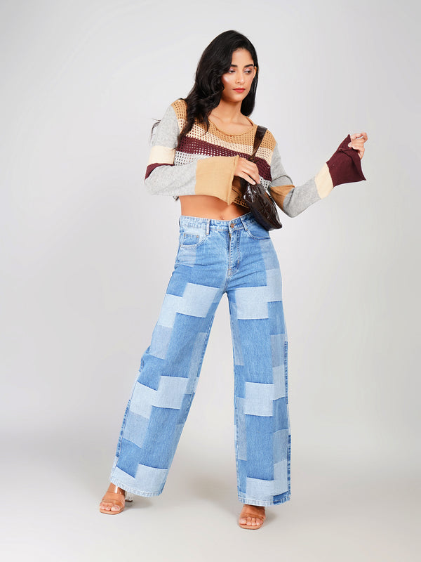 boho brown crochet knit crop top with multicolor pattern and round neck