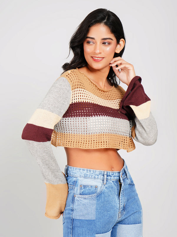 brown multi-shade crochet knit crop top with flare sleeves and round neck