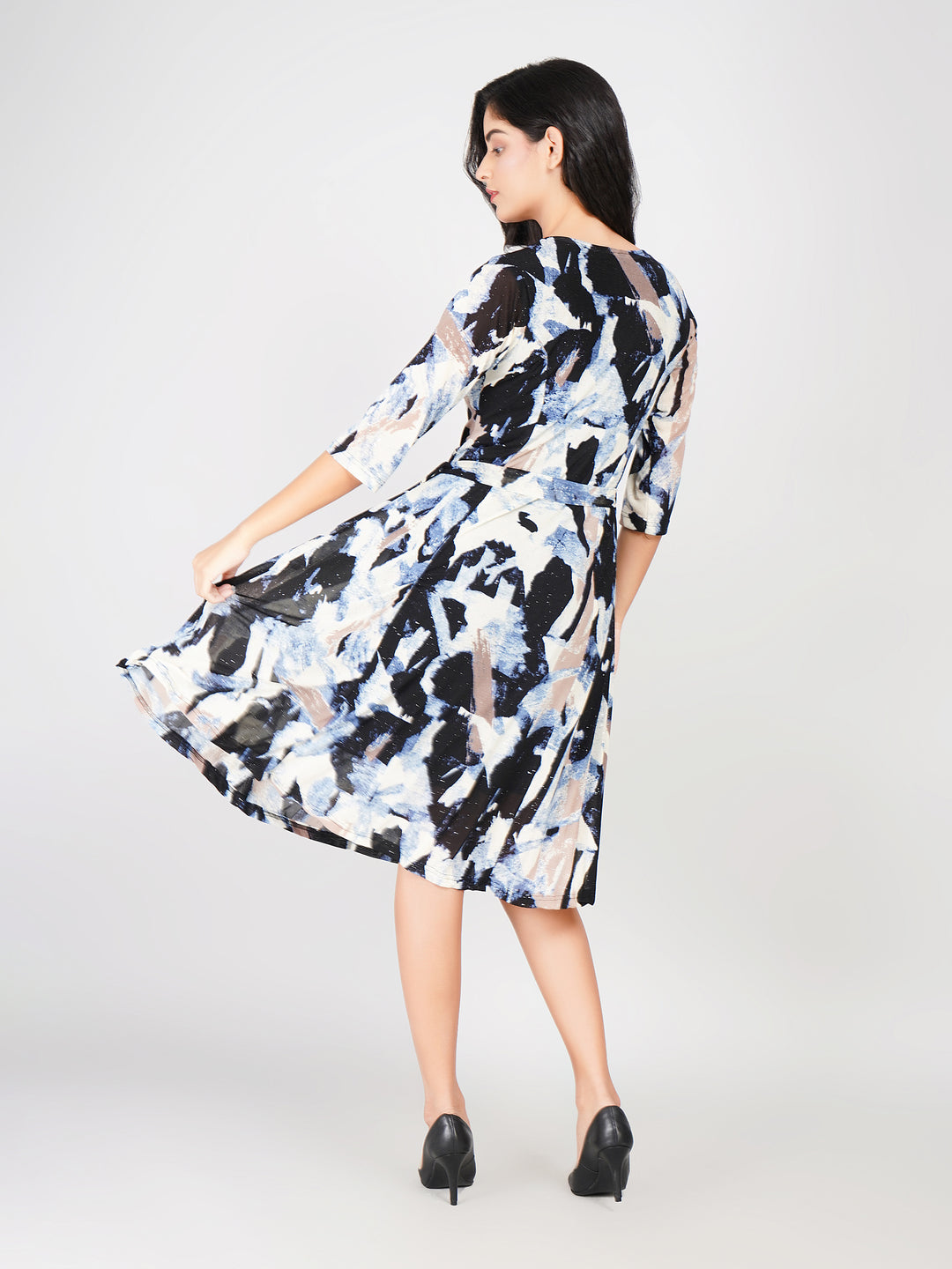 buy 3/4 sleeve abstract print midi dress with belt