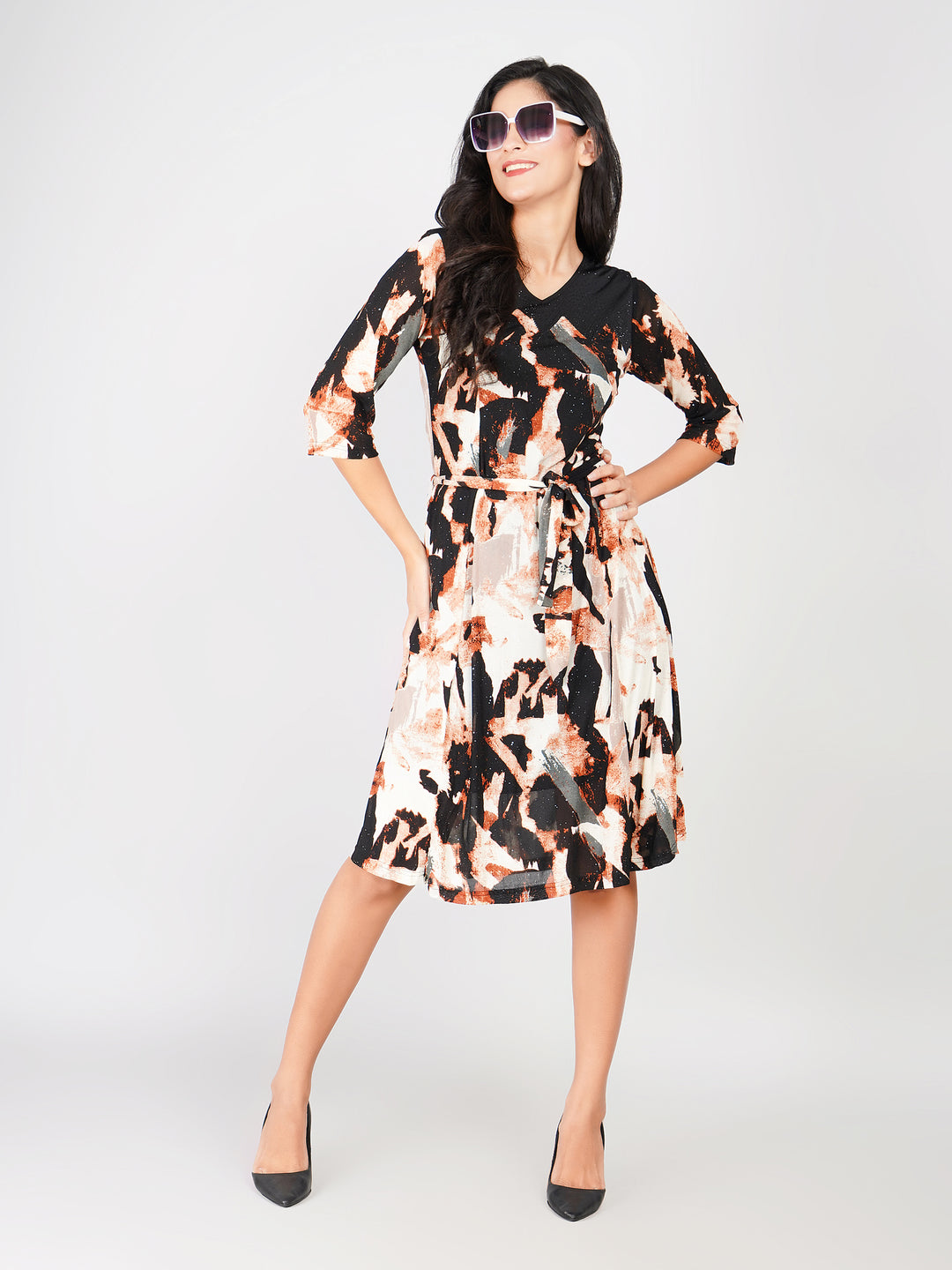 women casual black printed dress