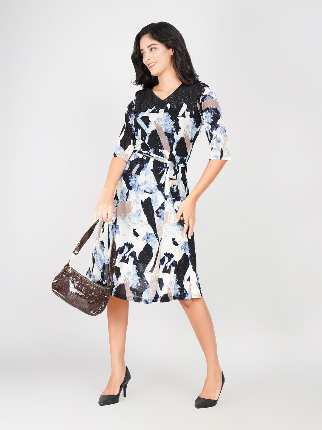 buy belted waist flare midi dress for women abstract print