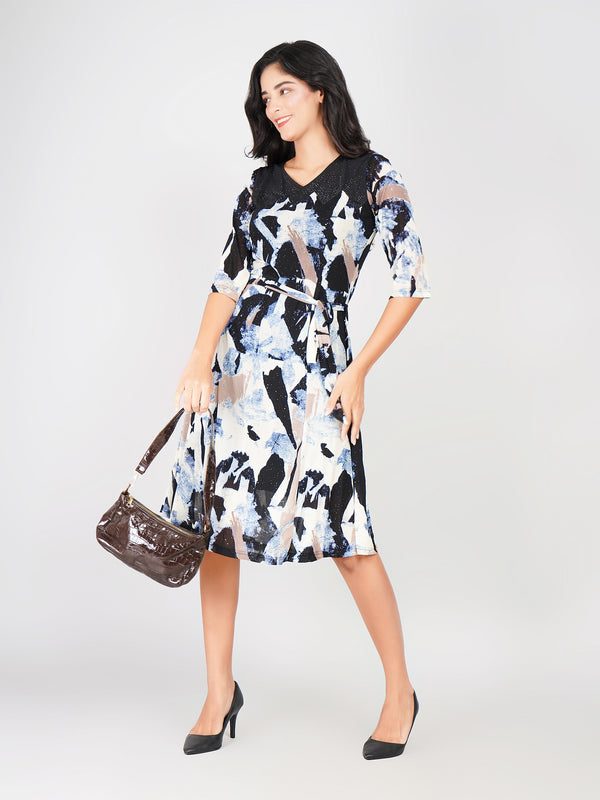 buy belted waist flare midi dress for women abstract print
