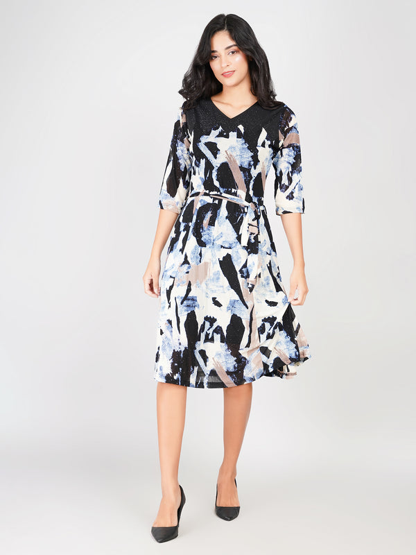 buy women’s flare midi dress abstract print with belted waist