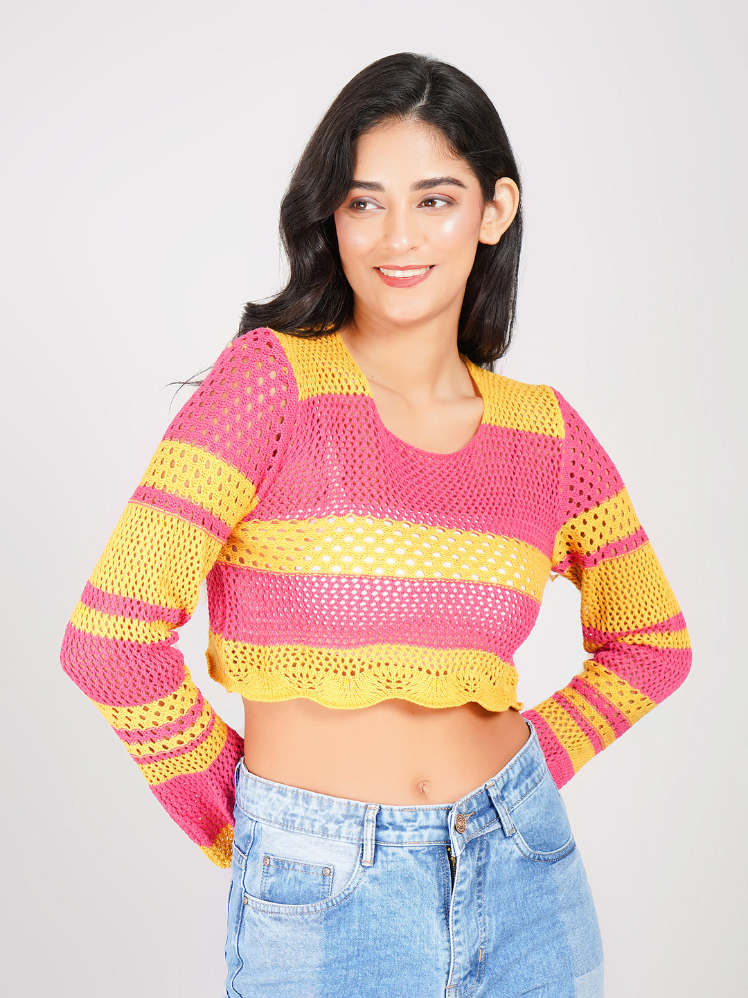 crochet knit crop top pink yellow with flare sleeves and round neck
