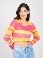 Load image into Gallery viewer, crochet knit crop top pink yellow with flare sleeves and round neck
