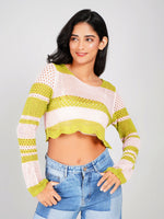 Load image into Gallery viewer, crochet knit crop top with long sleeves and round neck
