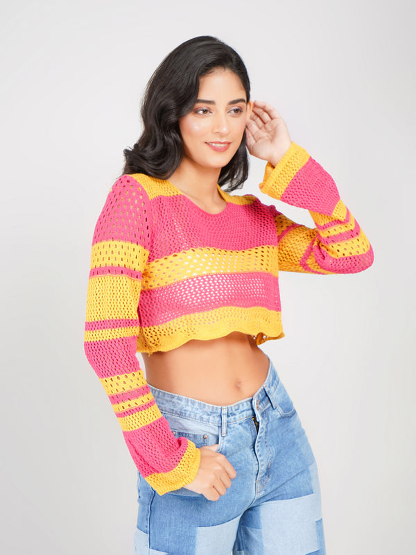 crochet knit round neck crop top for women with flared sleeves