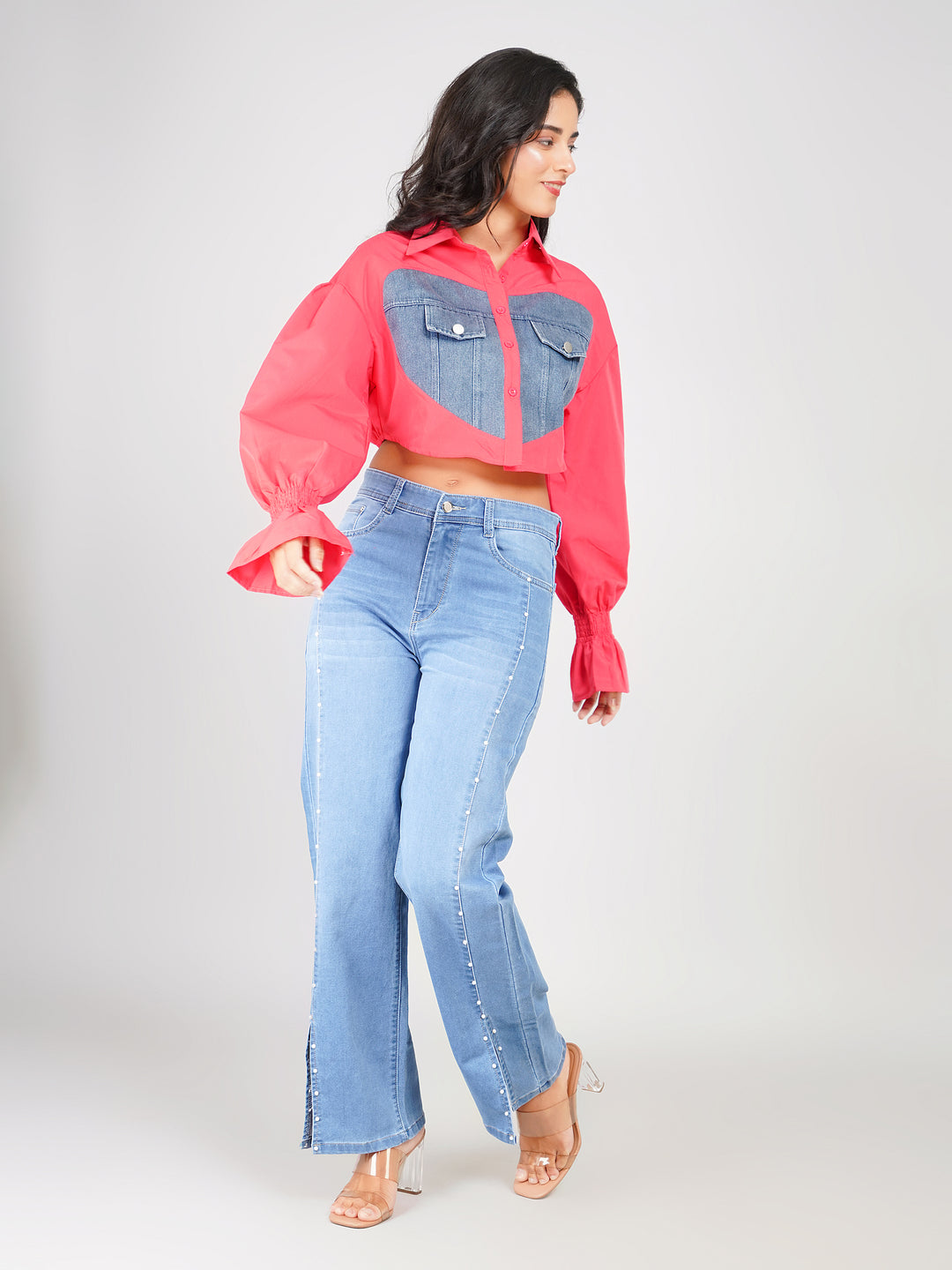 denim crop shirt for women with heart patch design and puff sleeves