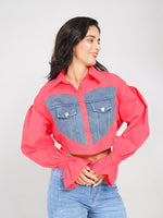 Load image into Gallery viewer, denim heart patch panel crop shirt with smocked puff sleeves
